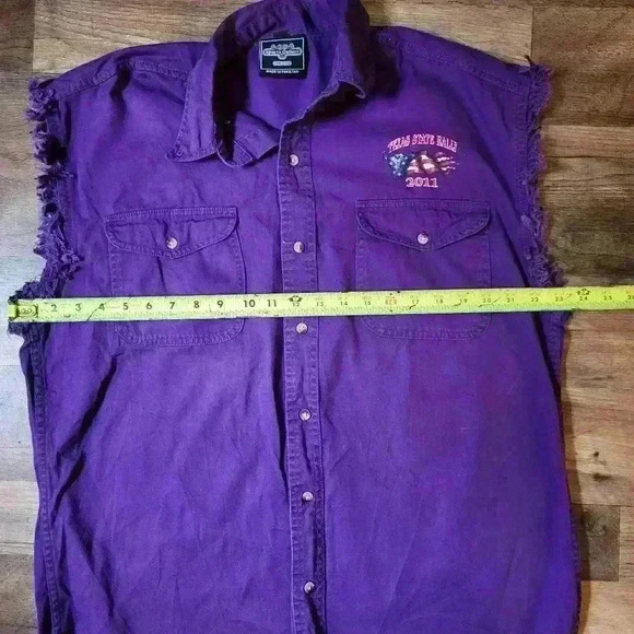 TX State Ralley 2011 Men's Motorcycle Denim Purple Sleeveless Buttondown Size L - Picture 9 of 9